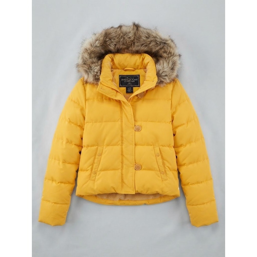 American Eagle Outfitters Yellow Puffer Jacket Faux Fur Hood Size L Large